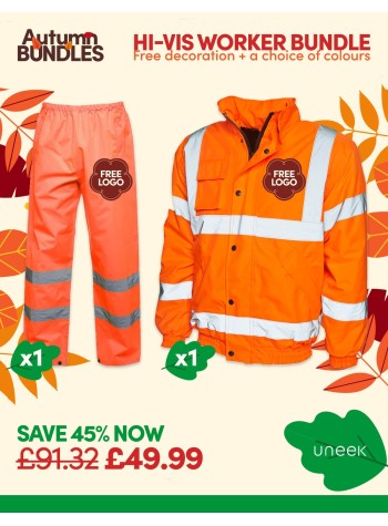 A fantastic value Hi-Vis Worker bundle of our best-selling Workwear with FREE CUSTOMISATION included.