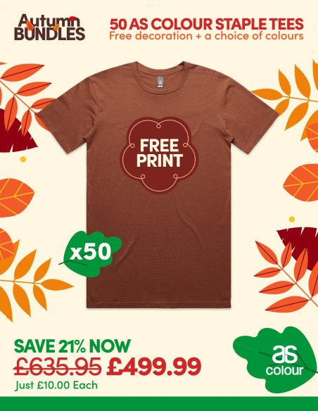 Bundle: 50 x AS Colour Staple Tees with Free Printing