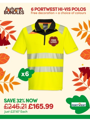 Bundle: 6 x Portwest DX4 Hi-Vis Zip Polo Shirts with Free Logo