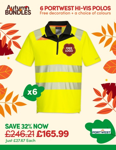 Bundle: 6 x Portwest DX4 Hi-Vis Zip Polo Shirts with Free Logo