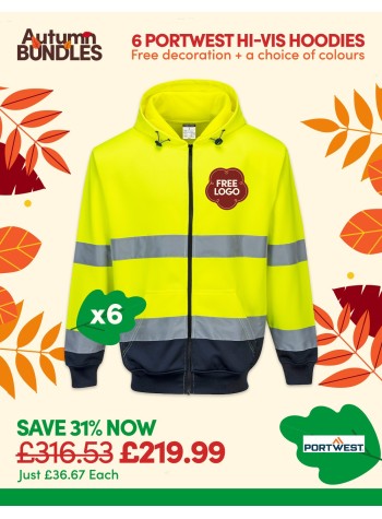 Bundle: 6 x Portwest Hi-Vis Contrast Zipped Hoodies with Free Logo