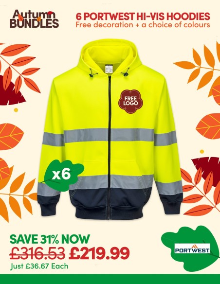 Bundle: 6 x Portwest Hi-Vis Contrast Zipped Hoodies with Free Logo
