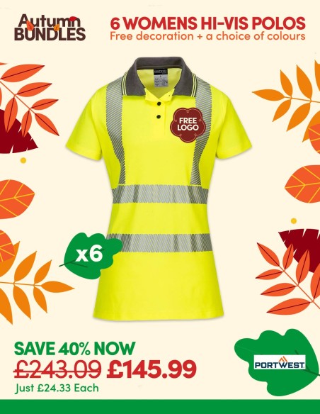 Bundle: 6 x Portwest Women's Hi-Vis Polo Shirts with Free Logo