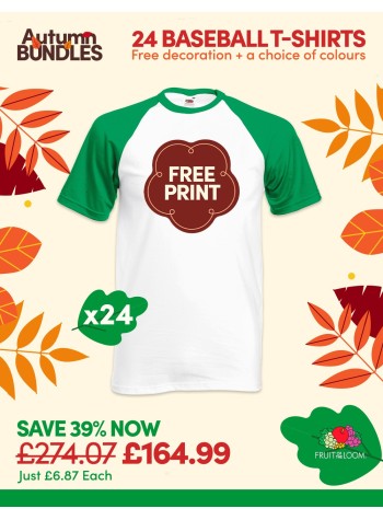 A bundle containing 24 Fruit Of The Loom baseball T-shirts with FREE PRINTING and FREE DELIVERY included.