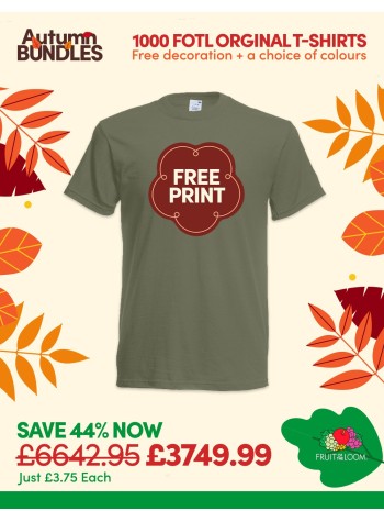 A bundle containing 1000 of our best-value Fruit Of The Loom T-shirts with FREE PRINTING