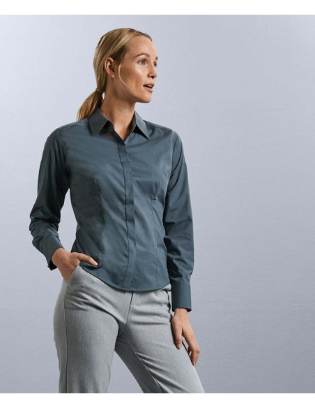 Russell Collection Women's long sleeve polycotton easycare fitted poplin shirt