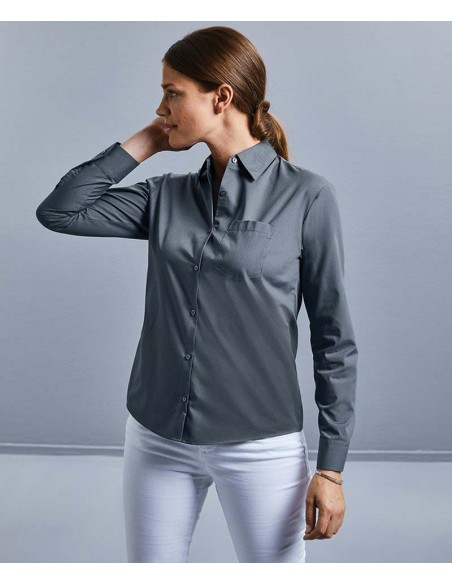 Russell Collection Women's long sleeve polycotton easycare poplin shirt
