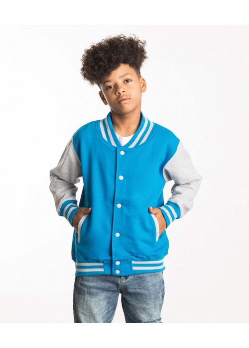 thumbnail image 2 of Awdis Kids Unisex Varsity Jacket - Contrast Sleeves, Knitted Trim, Schoolwear Style 2 of 13