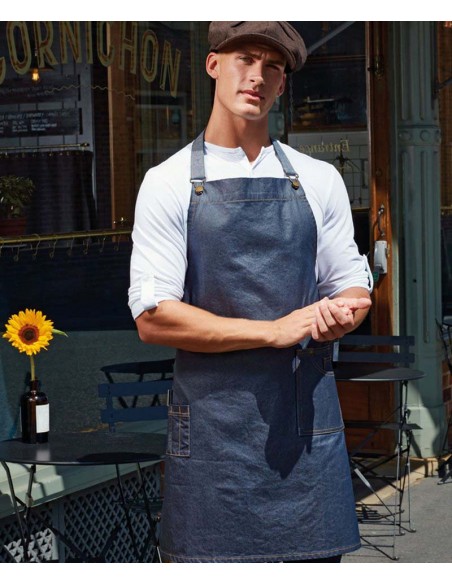 Premier District waxed-look denim bib apron