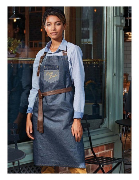 Premier Division waxed-look denim bib apron with faux leather